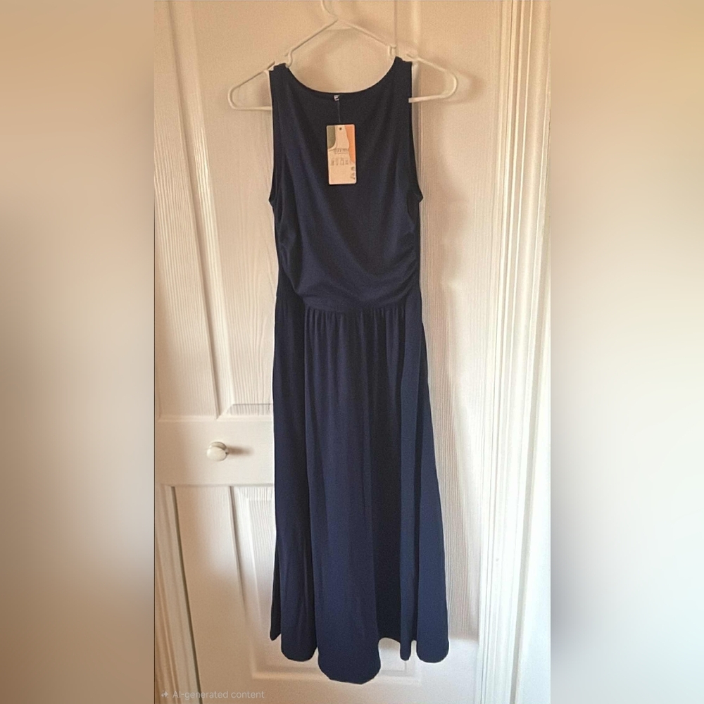 Chic Sleeveless Navy Maxi Dress Side Pockets Cottagecore Romantic Elegant
